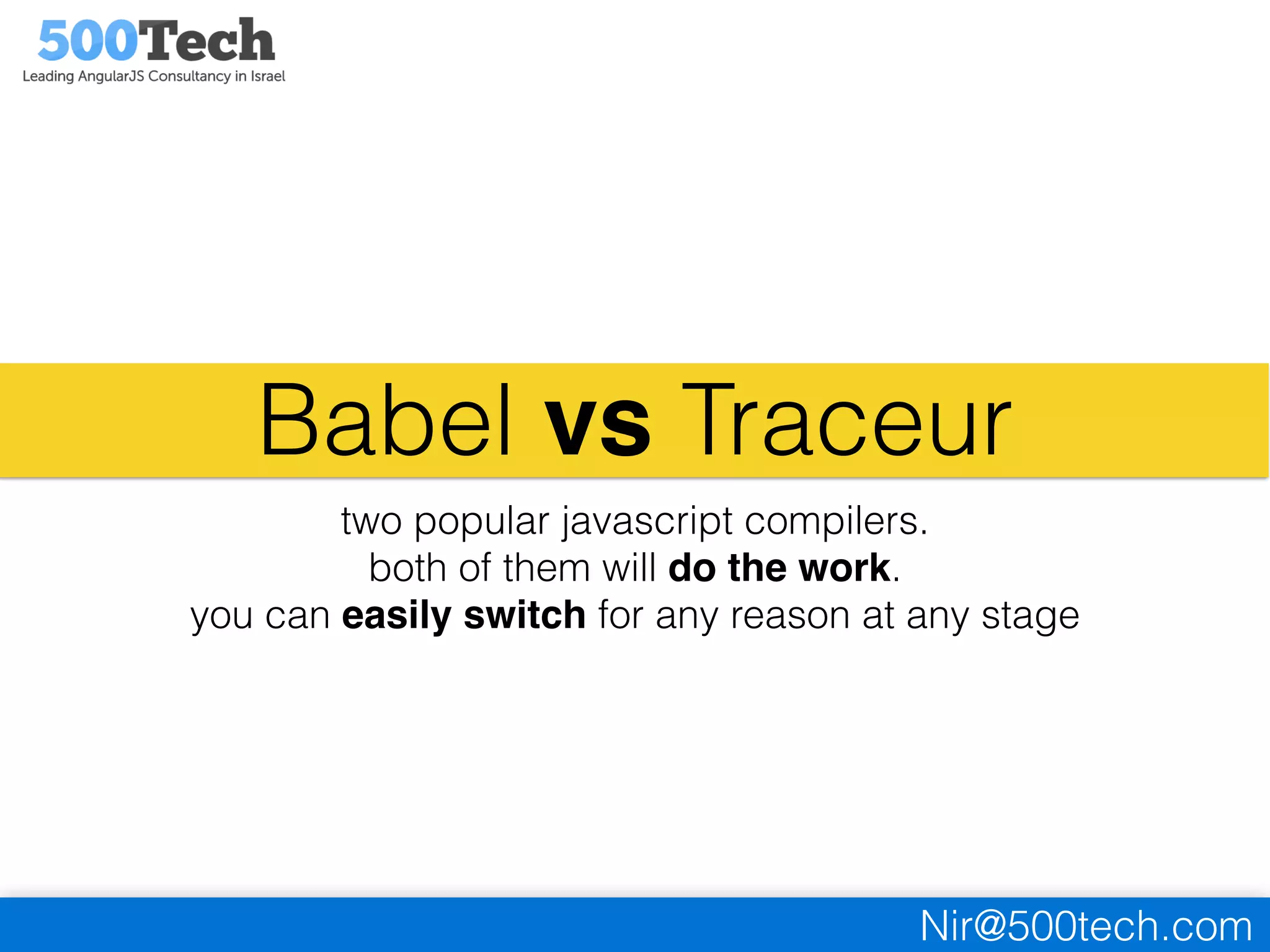 Nir@500tech.com
Babel vs Traceur
two popular javascript compilers.
both of them will do the work.
you can easily switch for any reason at any stage
 