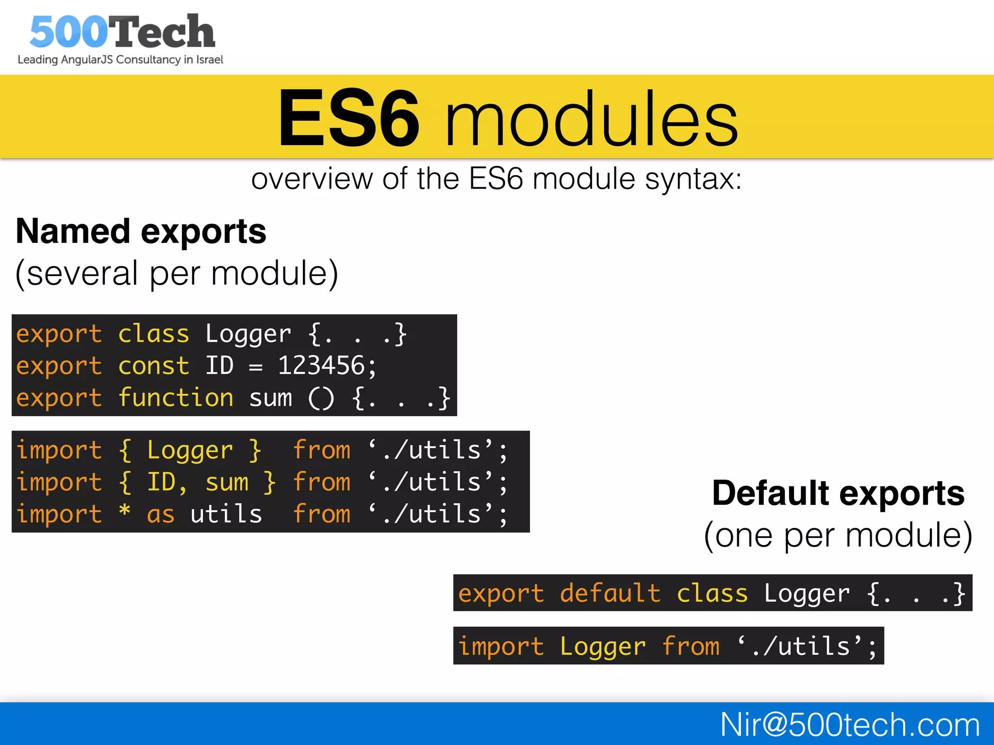 Nir@500tech.com
ES6 modules
overview of the ES6 module syntax:
Named exports
(several per module)
Default exports
(one per module)
export class Logger {. . .}
export const ID = 123456;
export function sum () {. . .}
import { Logger } from ‘./utils’;
import { ID, sum } from ‘./utils’;
import * as utils from ‘./utils’;
export default class Logger {. . .}
import Logger from ‘./utils’;
 