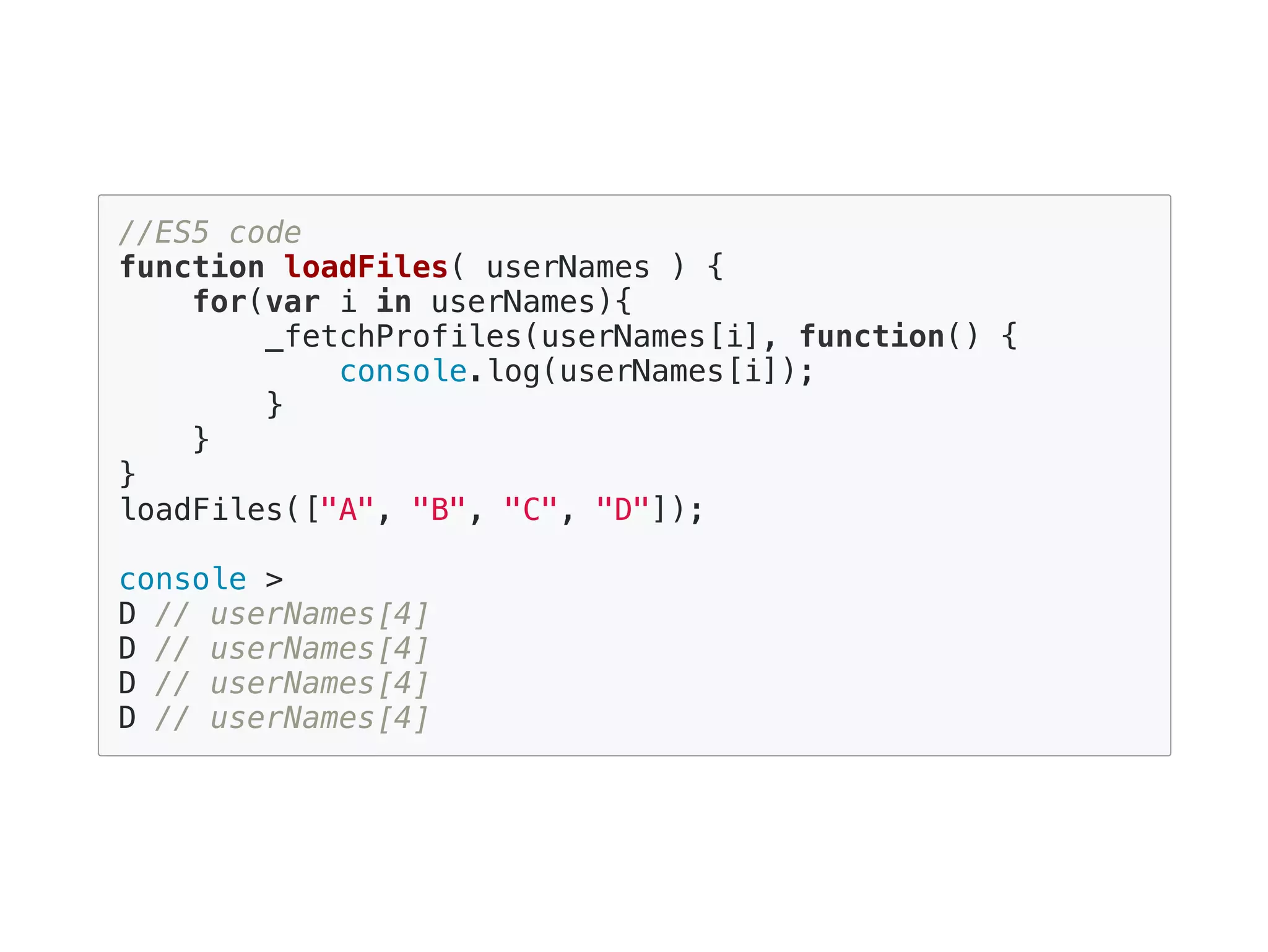 //ES5 code
function loadFiles( userNames ) {
for(var i in userNames){
_fetchProfiles(userNames[i], function() {
console.log(userNames[i]);
}
}
}
loadFiles(["A", "B", "C", "D"]);
console >
D // userNames[4]
D // userNames[4]
D // userNames[4]
D // userNames[4]
 