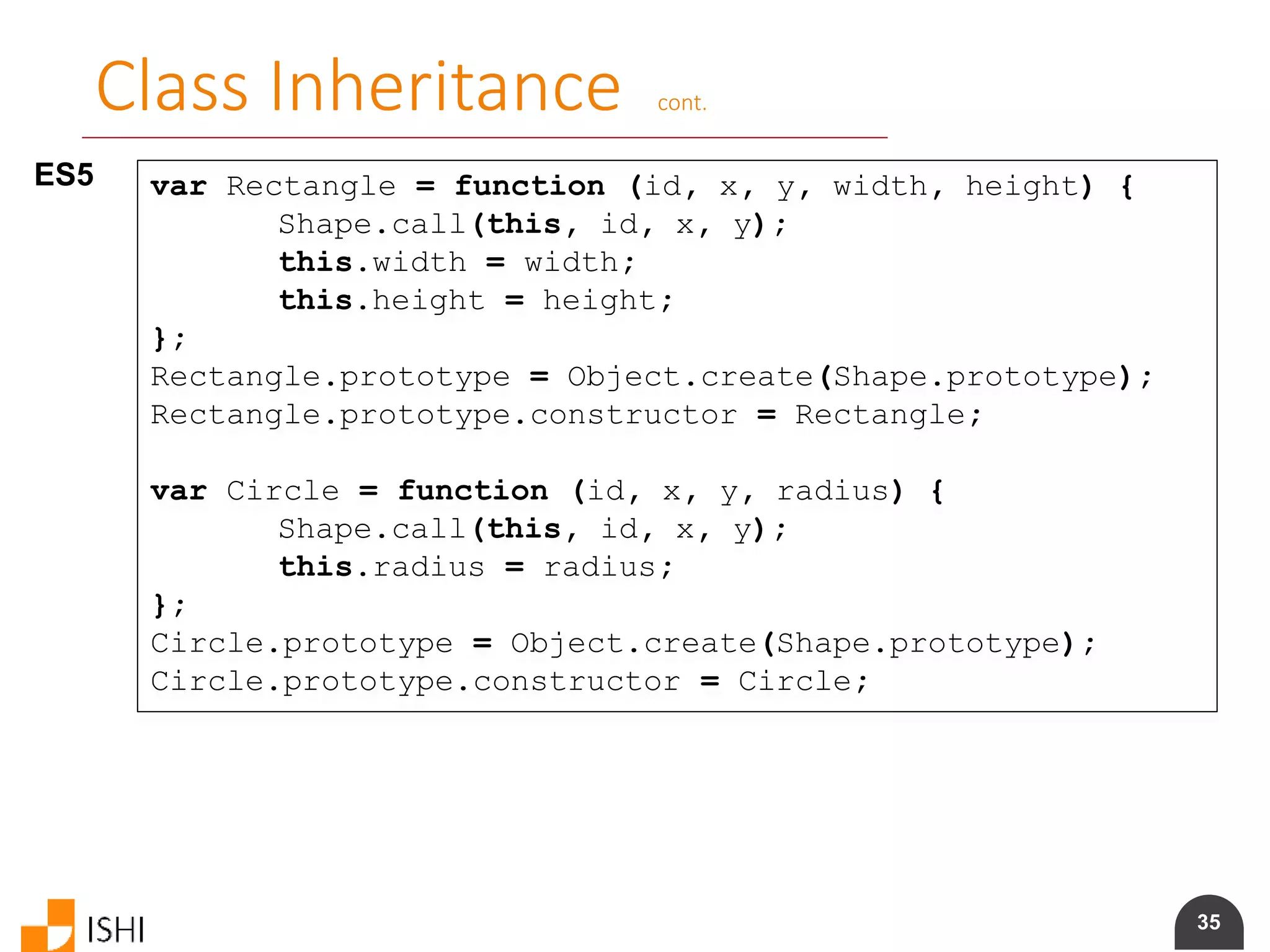 35
Class Inheritance cont.
ES5 var Rectangle = function (id, x, y, width, height) {
Shape.call(this, id, x, y);
this.width = width;
this.height = height;
};
Rectangle.prototype = Object.create(Shape.prototype);
Rectangle.prototype.constructor = Rectangle;
var Circle = function (id, x, y, radius) {
Shape.call(this, id, x, y);
this.radius = radius;
};
Circle.prototype = Object.create(Shape.prototype);
Circle.prototype.constructor = Circle;
 