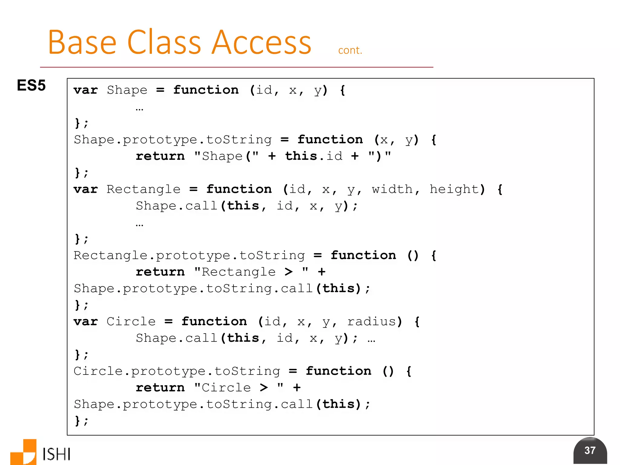 37
Base Class Access cont.
ES5 var Shape = function (id, x, y) {
…
};
Shape.prototype.toString = function (x, y) {
return "Shape(" + this.id + ")"
};
var Rectangle = function (id, x, y, width, height) {
Shape.call(this, id, x, y);
…
};
Rectangle.prototype.toString = function () {
return "Rectangle > " +
Shape.prototype.toString.call(this);
};
var Circle = function (id, x, y, radius) {
Shape.call(this, id, x, y); …
};
Circle.prototype.toString = function () {
return "Circle > " +
Shape.prototype.toString.call(this);
};
 
