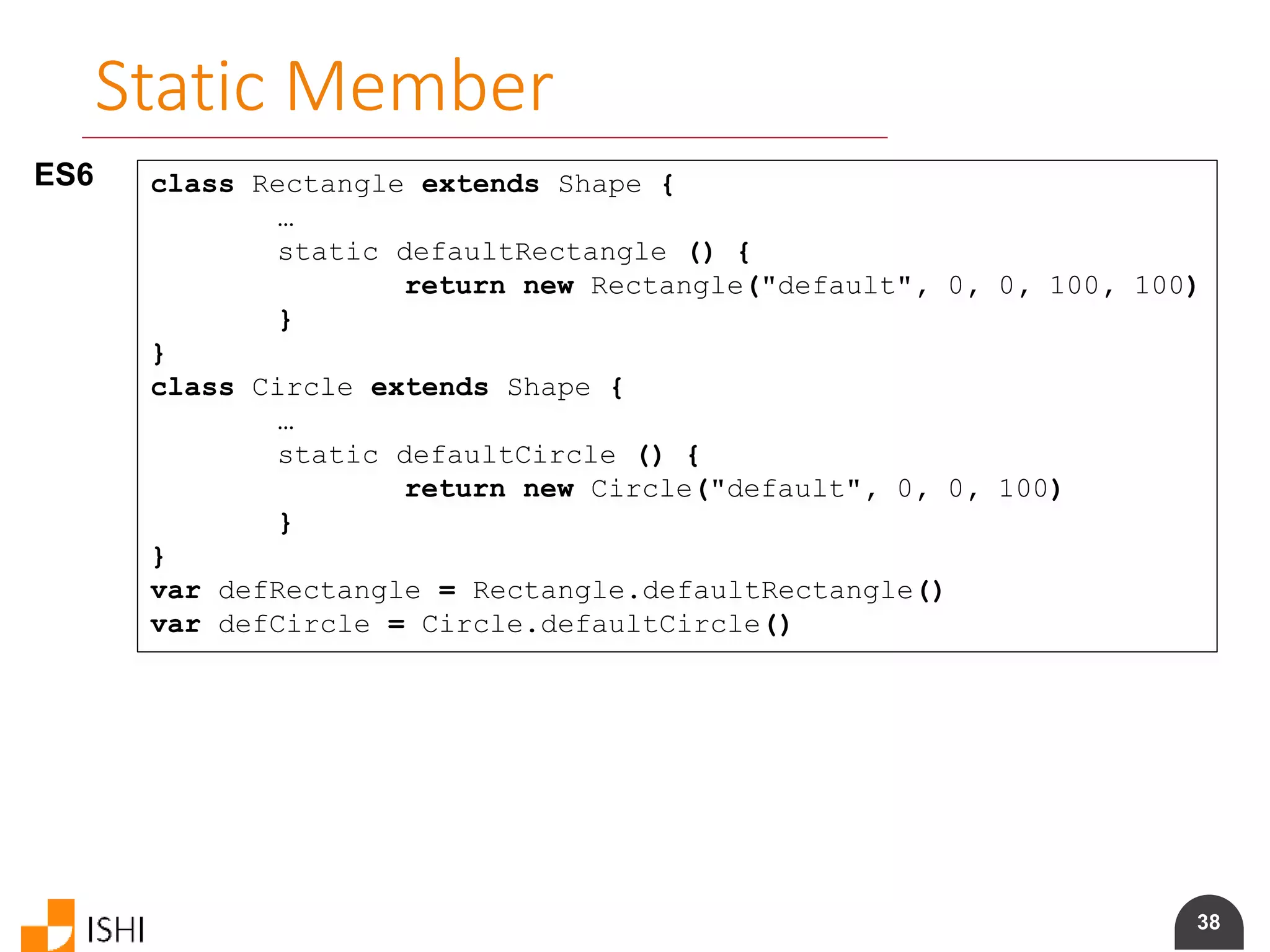 38
Static Member
ES6 class Rectangle extends Shape {
…
static defaultRectangle () {
return new Rectangle("default", 0, 0, 100, 100)
}
}
class Circle extends Shape {
…
static defaultCircle () {
return new Circle("default", 0, 0, 100)
}
}
var defRectangle = Rectangle.defaultRectangle()
var defCircle = Circle.defaultCircle()
 