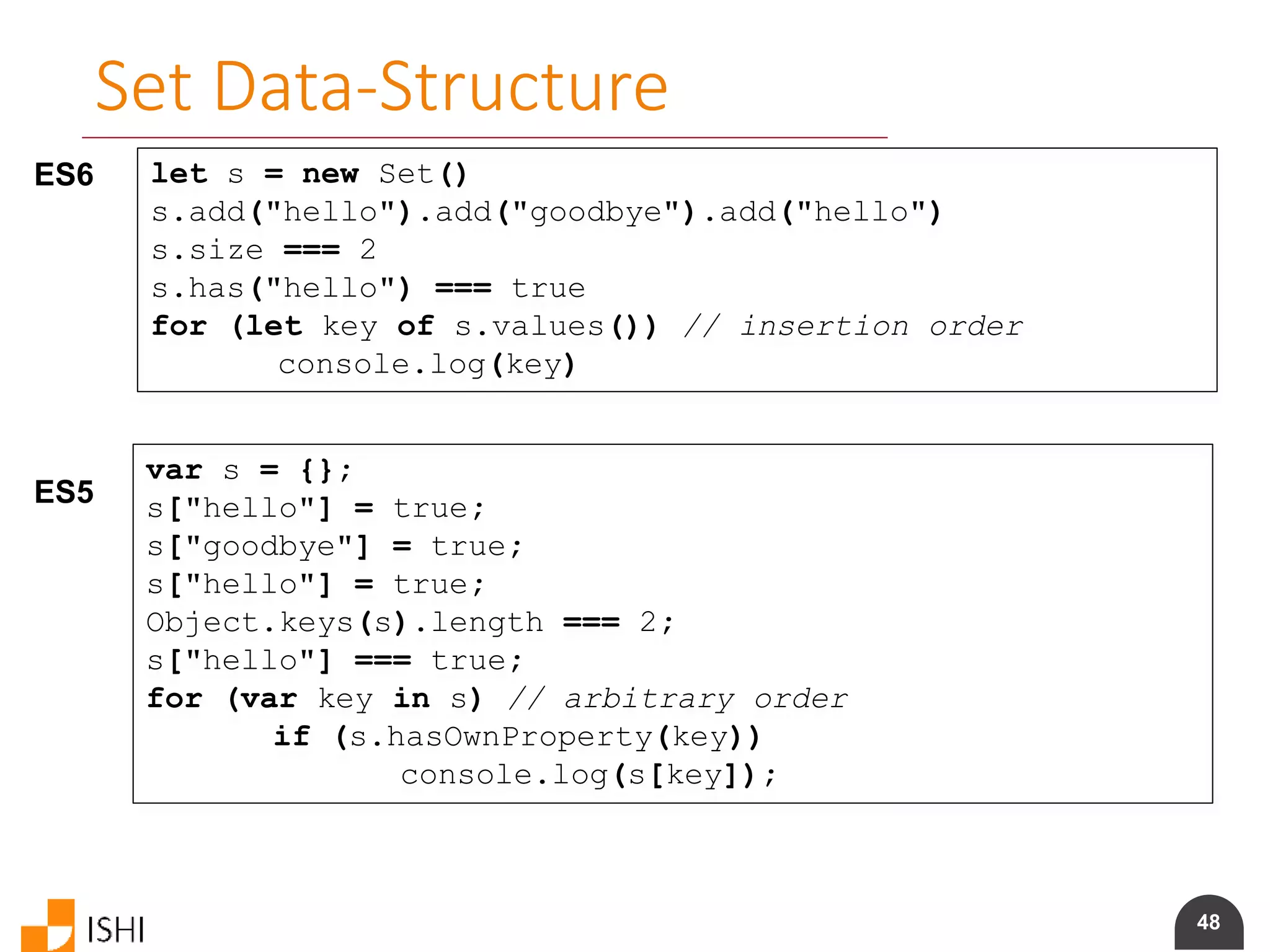 48
Set Data-Structure
ES6 let s = new Set()
s.add("hello").add("goodbye").add("hello")
s.size === 2
s.has("hello") === true
for (let key of s.values()) // insertion order
console.log(key)
ES5
var s = {};
s["hello"] = true;
s["goodbye"] = true;
s["hello"] = true;
Object.keys(s).length === 2;
s["hello"] === true;
for (var key in s) // arbitrary order
if (s.hasOwnProperty(key))
console.log(s[key]);
 
