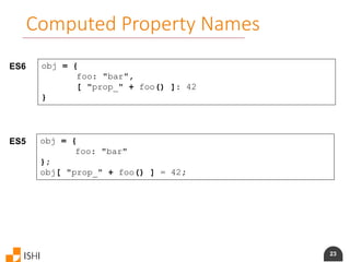 23
Computed Property Names
ES6 obj = {
foo: "bar",
[ "prop_" + foo() ]: 42
}
ES5 obj = {
foo: "bar"
};
obj[ "prop_" + foo() ] = 42;
 