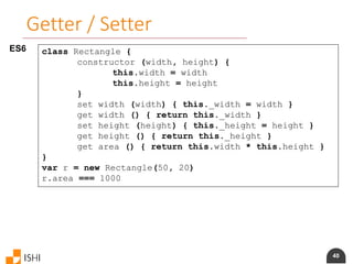 40
Getter / Setter
ES6 class Rectangle {
constructor (width, height) {
this.width = width
this.height = height
}
set width (width) { this._width = width }
get width () { return this._width }
set height (height) { this._height = height }
get height () { return this._height }
get area () { return this.width * this.height }
}
var r = new Rectangle(50, 20)
r.area === 1000
 
