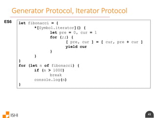 43
Generator Protocol, Iterator Protocol
ES6 let fibonacci = {
*[Symbol.iterator]() {
let pre = 0, cur = 1
for (;;) {
[ pre, cur ] = [ cur, pre + cur ]
yield cur
}
}
}
for (let n of fibonacci) {
if (n > 1000)
break
console.log(n)
}
 