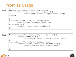 51
Promise Usage
ES6 function msgAfterTimeout (msg, who, timeout) {
return new Promise((resolve, reject) => {
setTimeout(() => resolve(`${msg} Hello ${who}!`),
timeout)
})
}
msgAfterTimeout("", "Foo", 100).then((msg) =>
return msgAfterTimeout(msg, "Bar", 200)
).then((msg) => {
console.log(`done after 300ms:${msg}`)
})
ES5 function msgAfterTimeout (msg, who, timeout, onDone) {
setTimeout(function () {
onDone(msg + " Hello " + who + "!"); }, timeout);
}
msgAfterTimeout("", "Foo", 100, function (msg) {
msgAfterTimeout(msg, "Bar", 200, function (msg) {
console.log("done after 300ms:" + msg);
});
});
 