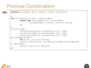 52
Promise Combination
ES6 function fetchAsync (url, timeout, onData, onError) {
…
}
let fetchPromised = (url, timeout) => {
return new Promise((resolve, reject) => {
fetchAsync(url, timeout, resolve, reject)
})
}
Promise.all([
fetchPromised("http://backend/foo.txt", 500),
fetchPromised("http://backend/bar.txt", 500),
fetchPromised("http://backend/baz.txt", 500)
]).then((data) => {
let [ foo, bar, baz ] = data
console.log(`success: foo=${foo} bar=${bar} baz=${baz}`)
}, (err) => {
console.log(`error: ${err}`)
})
 