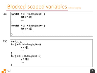 9
Blocked-scoped variables without hoisting
ES6 for (let i = 0; i < a.length; i++) {
let x = a[i]
…
}
for (let i = 0; i < b.length; i++) {
let y = b[i]
…
}
ES5 var i, x, y;
for (i = 0; i < a.length; i++) {
x = a[i];
…
}
for (i = 0; i < b.length; i++){
y = b[i];
…
}
 