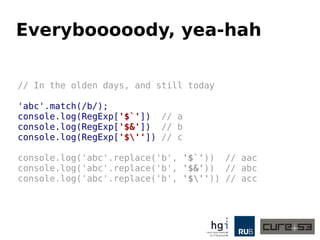 Everybooooody, yea-hah
// In the olden days, and still today
'abc'.match(/b/);
console.log(RegExp['$`']) // a
console.log(RegExp['$&']) // b
console.log(RegExp['$'']) // c
console.log('abc'.replace('b', '$`')) // aac
console.log('abc'.replace('b', '$&')) // abc
console.log('abc'.replace('b', '$'')) // acc
 