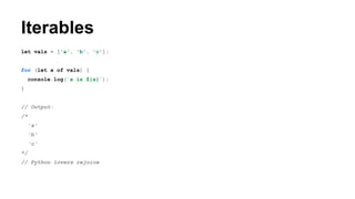 Iterables
let vals = ['a', 'b', 'c'];
for (let x of vals) {
console.log(`x is ${x}`);
}
// Output:
/*
'a'
'b'
'c'
*/
// Python lovers rejoice
 