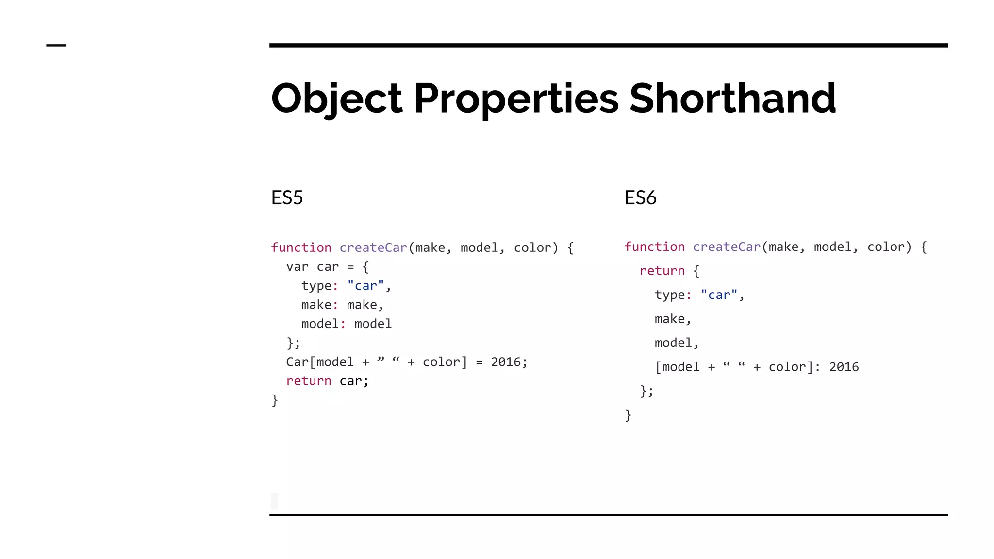 Object Properties Shorthand
ES5
function createCar(make, model, color) {
var car = {
type: "car",
make: make,
model: model
};
Car[model + ” “ + color] = 2016;
return car;
}
ES6
function createCar(make, model, color) {
return {
type: "car",
make,
model,
[model + “ “ + color]: 2016
};
}
 