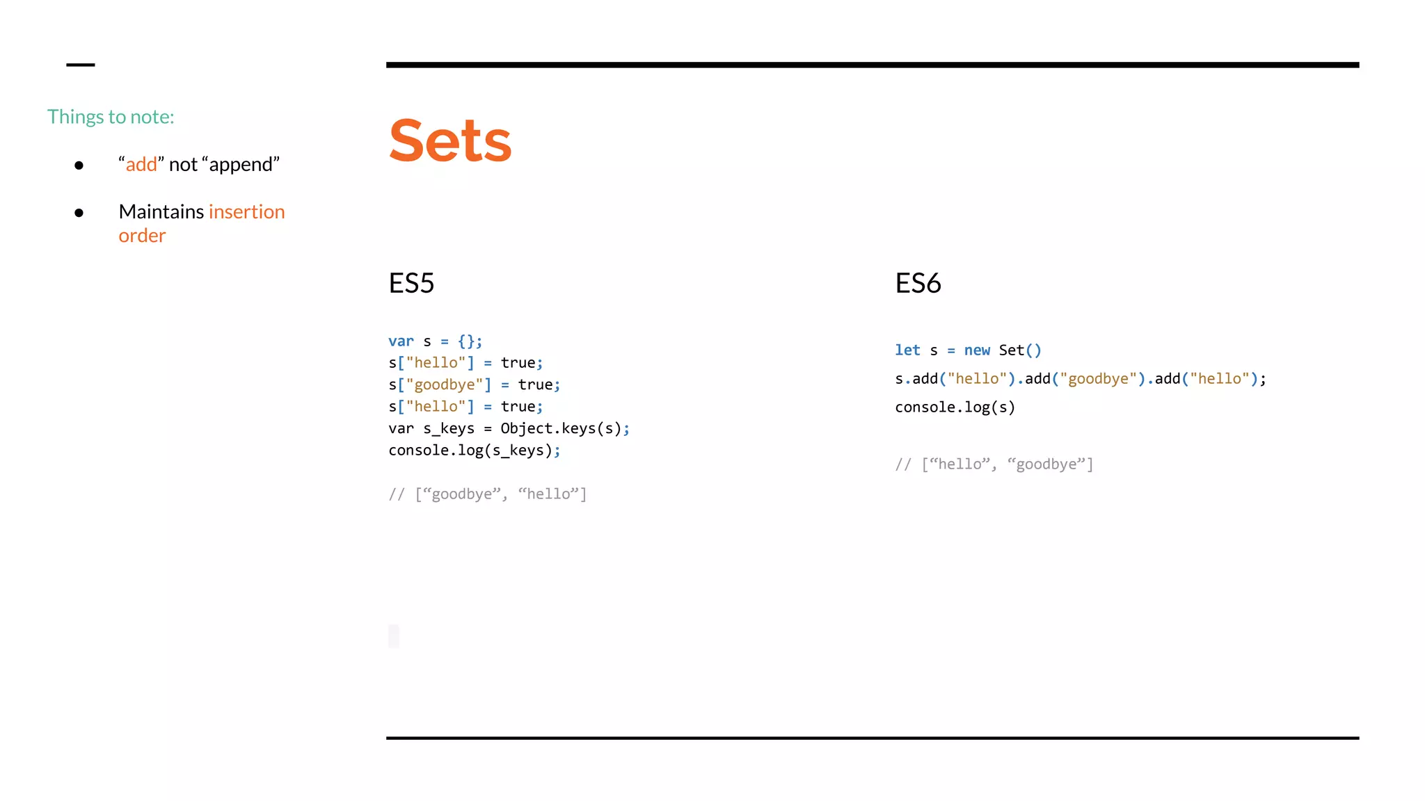 Sets
ES5
var s = {};
s["hello"] = true;
s["goodbye"] = true;
s["hello"] = true;
var s_keys = Object.keys(s);
console.log(s_keys);
// [“goodbye”, “hello”]
ES6
let s = new Set()
s.add("hello").add("goodbye").add("hello");
console.log(s)
// [“hello”, “goodbye”]
Things to note:
● “add” not “append”
● Maintains insertion
order
 