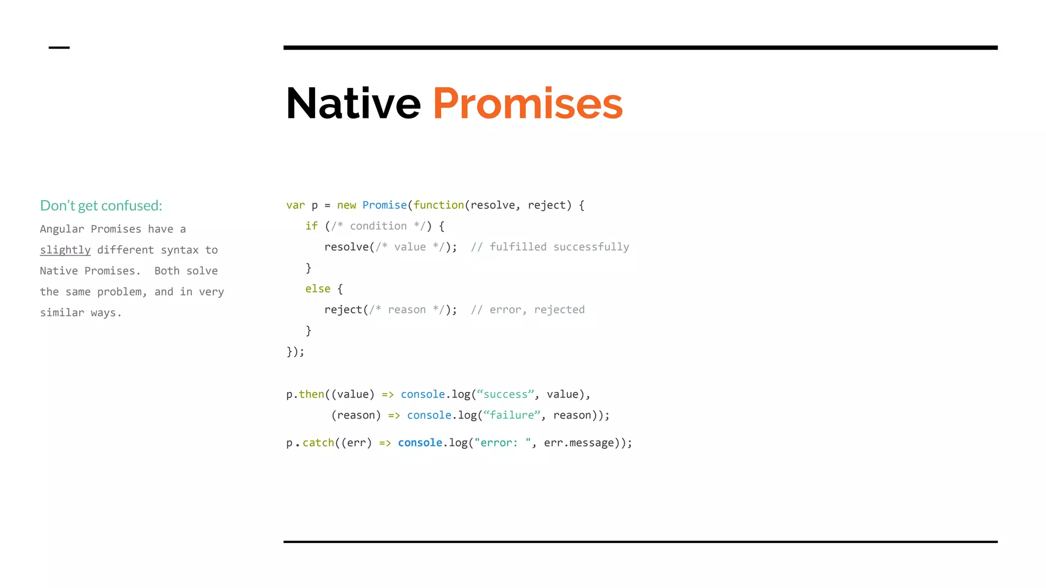 Native Promises
var p = new Promise(function(resolve, reject) {
if (/* condition */) {
resolve(/* value */); // fulfilled successfully
}
else {
reject(/* reason */); // error, rejected
}
});
p.then((value) => console.log(“success”, value),
(reason) => console.log(“failure”, reason));
p.catch((err) => console.log("error: ", err.message));
Don’t get confused:
Angular Promises have a
slightly different syntax to
Native Promises. Both solve
the same problem, and in very
similar ways.
 