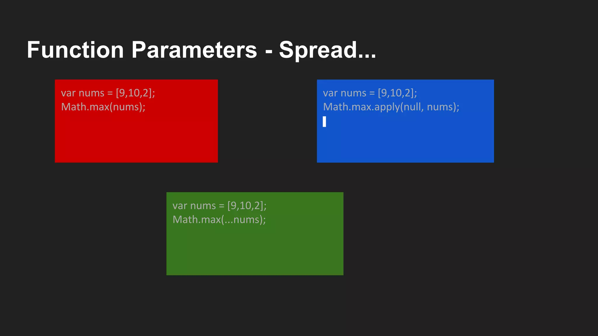 Function Parameters - Spread...
var nums = [9,10,2];
Math.max(...nums);
var nums = [9,10,2];
Math.max(nums);
var nums = [9,10,2];
Math.max.apply(null, nums);
 