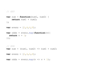 // ES5
var sum = function(num1, num2) {
return num1 + num2;
};
var evens = [2,4,6,8];
var odds = evens.map(function(v){
return v + 1;
});
// ES6
var sum = (num1, num2) => num1 + num2;
var evens = [2,4,6,8];
var odds = evens.map(v => v + 1);
 