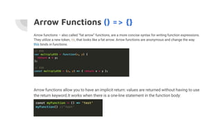 Arrow Functions () => {}
Arrow functions – also called “fat arrow” functions, are a more concise syntax for writing function expressions.
They utilize a new token, =>, that looks like a fat arrow. Arrow functions are anonymous and change the way
this binds in functions.
Arrow functions allow you to have an implicit return: values are returned without having to use
the return keyword.It works when there is a one-line statement in the function body:
 