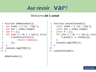 Aur revoir var!
@carlosble
1
2
3
4
5
6
7
8
9
10
11
Welcome let & const
function useLetInstead(){
const items = ['cat','dog'];
const len = items.length;
const f = [];
for (let i = 0; i < len-1; i++){
f.push(() => items[i]);
}
console.log(f[0]());
}
useLetInstead();
function doNotUseVar(){
var items = ['cat','dog'];
var len = items.length;
var f = [];
for (var i = 0; i < len-1; i++){
f.push(function(){
return items[i];
});
}
console.log(f[0]());
}
doNotUseVar();
1
2
3
4
5
6
7
8
9
10
11
 