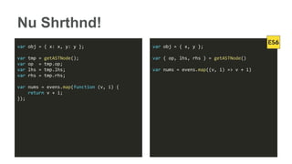 Nu Shrthnd!
var obj = { x: x, y: y };
var tmp = getASTNode();
var op = tmp.op;
var lhs = tmp.lhs;
var rhs = tmp.rhs;
var nums = evens.map(function (v, i) {
return v + i;
});
var obj = { x, y };
var { op, lhs, rhs } = getASTNode()
var nums = evens.map((v, i) => v + i)
 