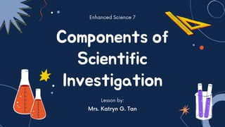 Components of
Scientific
Investigation
Enhanced Science 7
Lesson by:
Mrs. Katryn G. Tan
 