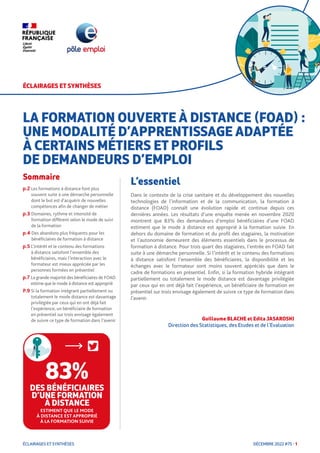 ÉCLAIRAGES ET SYNTHÈSES DÉCEMBRE 2022 #75 - 1
Sommaire
L’essentiel
Guillaume BLACHE et Edita JASAROSKI
Direction des Stati...