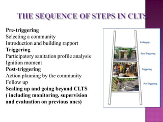 Pre-triggering
Selecting a community
Introduction and building rapport
Triggering
Participatory sanitation profile analysis
Ignition moment
Post-triggering
Action planning by the community
Follow up
Scaling up and going beyond CLTS
( including monitoring, supervision
and evaluation on previous ones)

 
