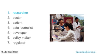 1. researcher
2. doctor
3. patient
4. data journalist
5. developer
6. policy maker
7. regulator
opentrials@okfn.orgRhoda Baer (CC0)
 