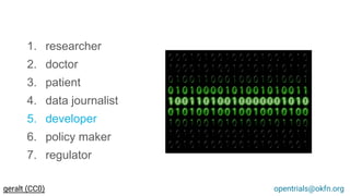 1. researcher
2. doctor
3. patient
4. data journalist
5. developer
6. policy maker
7. regulator
opentrials@okfn.orggeralt (CC0)
 