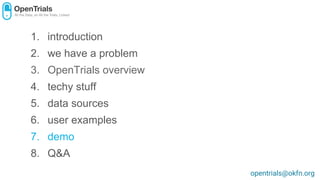1. introduction
2. we have a problem
3. OpenTrials overview
4. techy stuff
5. data sources
6. user examples
7. demo
8. Q&A
opentrials@okfn.org
 