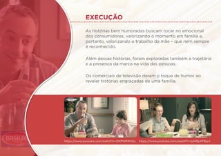 execução
As histórias bem humoradas buscam tocar no emocional
dos consumidores, valorizando o momento em família e,
portanto, valorizando o trabalho da mãe – que nem sempre
é reconhecido.
Além dessas histórias, foram exploradas também a trajetória
e a presença da marca na vida das pessoas.
 
Os comerciais de televisão deram o toque de humor ao
revelar histórias engraçadas de uma família.
https://www.youtube.com/watch?v=OKPQ1MIfJSs https://www.youtube.com/watch?v=yiHRp4TBqvI
 