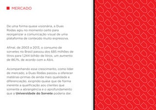 MERCADO
De uma forma quase visionária, a Duas
Rodas agiu no momento certo para
reorganizar a comunicação visual de uma
plataforma de conteúdo muito expressiva.
Afinal, de 2003 a 2013, o consumo de
sorvetes no Brasil passou dos 685 milhões de
litros para 1,244 bilhão de litros, um aumento
de 86,1%, de acordo com a Abis.
Acompanhando esse crescimento, como líder
de mercado, a Duas Rodas passou a oferecer
matérias-primas de ainda mais qualidade e
diferenciação, exigindo quase que de forma
inerente a qualificação aos clientes que
somente a abrangência e o aprofundamento
que a Universidade do Sorvete poderia dar.
 