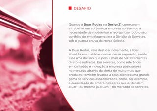 Quando a Duas Rodas e a Design21 começaram
a trabalhar em conjunto, a empresa apresentou a
necessidade de modernizar e reorganizar todo o seu
portfólio de embalagens para a Divisão de Sorvetes,
sob o guarda chuva da marca Selecta.
A Duas Rodas, vale destacar novamente, é líder
absoluta em matérias-primas nesse segmento, sendo
essa uma divisão que possui mais de 50.000 clientes
diretos e indiretos. Em sorvetes, como referência
em conteúdo e inovação, a empresa posiciona-se
no mercado através da oferta de muito mais que
produtos, também levando a seus clientes uma grande
gama de serviços especializados, como, por exemplo,
a capacitação de empreendedores que pretendem
atuar – ou mesmo já atuam – no mercado de sorvetes.
desafio
 