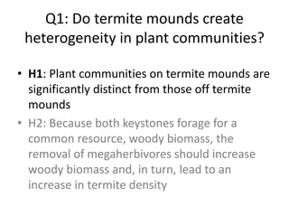 Q1: Do termite mounds create 
heterogeneity in plant communities? 
• H1: Plant communities on termite mounds are 
signific...