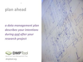 plan ahead
www.flickr.com/photos/wscullin/3770015203
dmptool.org
10
a data management plan
describes your intentions
during and after your
research project
 