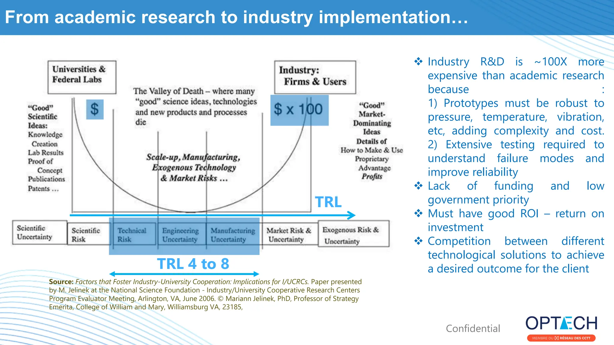 Confidential
From academic research to industry implementation…
Source: Factors that Foster Industry-University Cooperation: Implications for I/UCRCs. Paper presented
by M. Jelinek at the National Science Foundation - Industry/University Cooperative Research Centers
Program Evaluator Meeting, Arlington, VA, June 2006. © Mariann Jelinek, PhD, Professor of Strategy
Emerita, College of William and Mary, Williamsburg VA, 23185,
TRL
TRL 4 to 8
❖ Industry R&D is ~100X more
expensive than academic research
because :
1) Prototypes must be robust to
pressure, temperature, vibration,
etc, adding complexity and cost.
2) Extensive testing required to
understand failure modes and
improve reliability
❖ Lack of funding and low
government priority
❖ Must have good ROI – return on
investment
❖ Competition between different
technological solutions to achieve
a desired outcome for the client
 