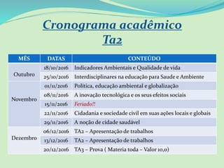 Cronograma acadêmico
Ta2
MÊS DATAS CONTEÚDO
Outubro
18/10/2016 Indicadores Ambientais e Qualidade de vida
25/10/2016 Interdisciplinares na educação para Saude e Ambiente
Novembro
01/11/2016 Política, educação ambiental e globalização
08/11/2016 A inovação tecnológica e os seus efeitos sociais
15/11/2016 Feriado!!
22/11/2016 Cidadania e sociedade civil em suas ações locais e globais
29/11/2016 A noção de cidade saudável
Dezembro
06/12/2016 TA2 – Apresentação de trabalhos
13/12/2016 TA2 – Apresentação de trabalhos
20/12/2016 TA3 – Prova ( Materia toda – Valor 10,0)
 