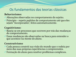 Os fundamentos das teorias clássicas
Behaviorismo:
Alterações observadas no comportamento do sujeito.
Princípio - repetir padrões de comportamento até que eles
sejam “incorporados”, feitos automaticamente.
Cognitivismo:
Baseia-se em processos que ocorrem por trás das mudanças
de comportamento.
Essas mudanças são observadas na busca para entender o
que acontece na mente do aluno.
Construtivismo
Cada pessoa constrói sua visão do mundo que o rodeia por
meio das suas próprias experiências e compreensões.
Formação do aluno para resolver problemas complexos.
 