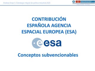 Análisis Anejo 5. Estrategia integral de política industrial 2020
                                                                    Política Industrial i Tecnològica




                             CONTRIBUCIÓN
                           ESPAÑOLA AGENCIA
                         ESPACIAL EUROPEA (ESA)



                    Conceptos subvencionables
 