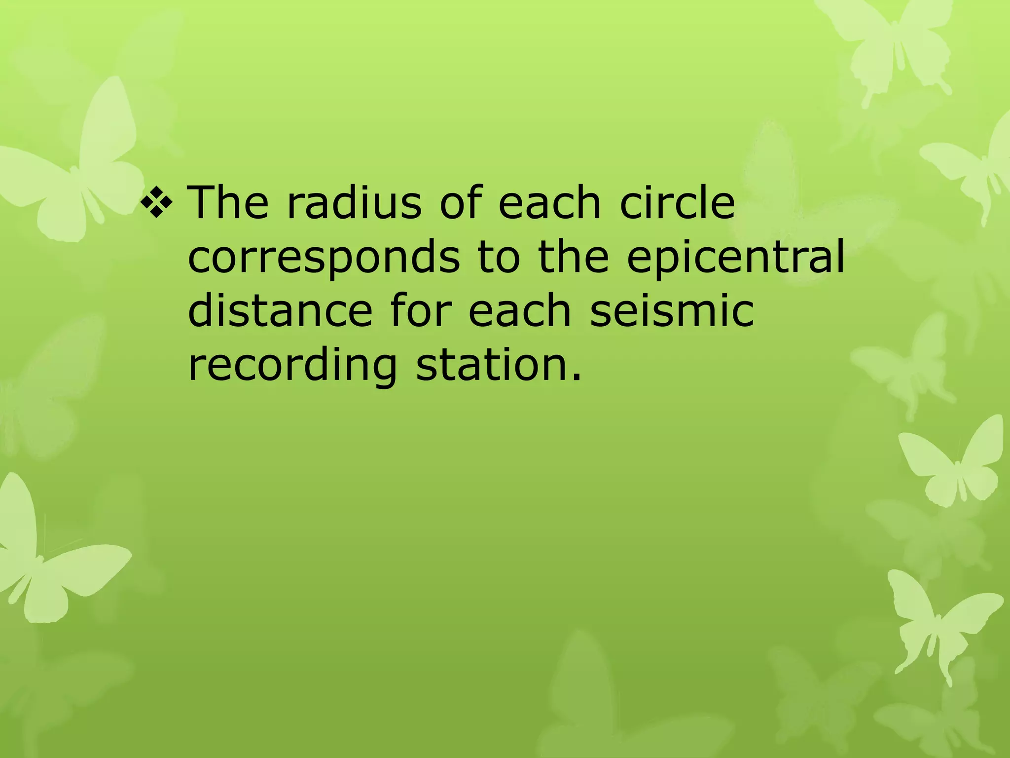  The radius of each circle
corresponds to the epicentral
distance for each seismic
recording station.
 