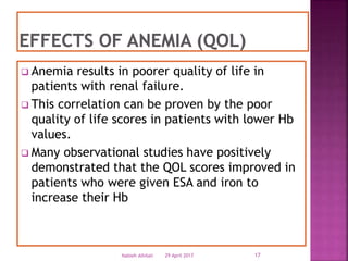  Anemia results in poorer quality of life in
patients with renal failure.
 This correlation can be proven by the poor
quality of life scores in patients with lower Hb
values.
 Many observational studies have positively
demonstrated that the QOL scores improved in
patients who were given ESA and iron to
increase their Hb
29 April 2017 17Nabieh Alhilali
 