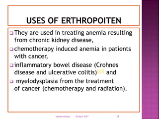  They are used in treating anemia resulting
from chronic kidney disease,
 chemotherapy induced anemia in patients
with cancer,
 inflammatory bowel disease (Crohnes
disease and ulcerative colitis)[20] and
 myelodysplasia from the treatment
of cancer (chemotherapy and radiation).
29 April 2017 33Nabieh Alhilali
 