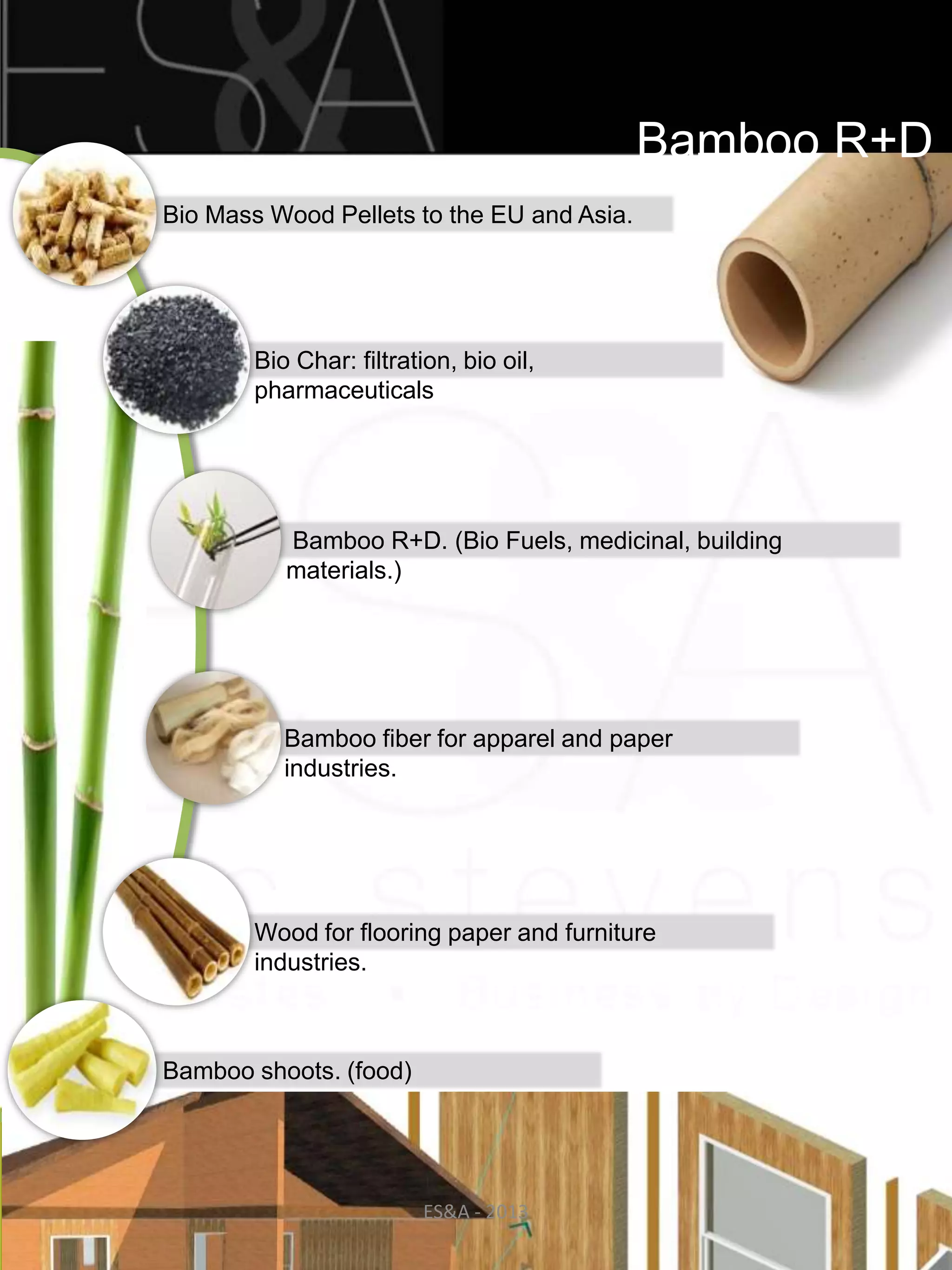 Bamboo R+D
Bio Mass Wood Pellets to the EU and Asia.




       Bio Char: filtration, bio oil,
       pharmaceuticals




          Bamboo R+D. (Bio Fuels, medicinal, building
          materials.)




          Bamboo fiber for apparel and paper
          industries.




       Wood for flooring paper and furniture
       industries.



Bamboo shoots. (food)




                         ES&A - 2013                    21
 