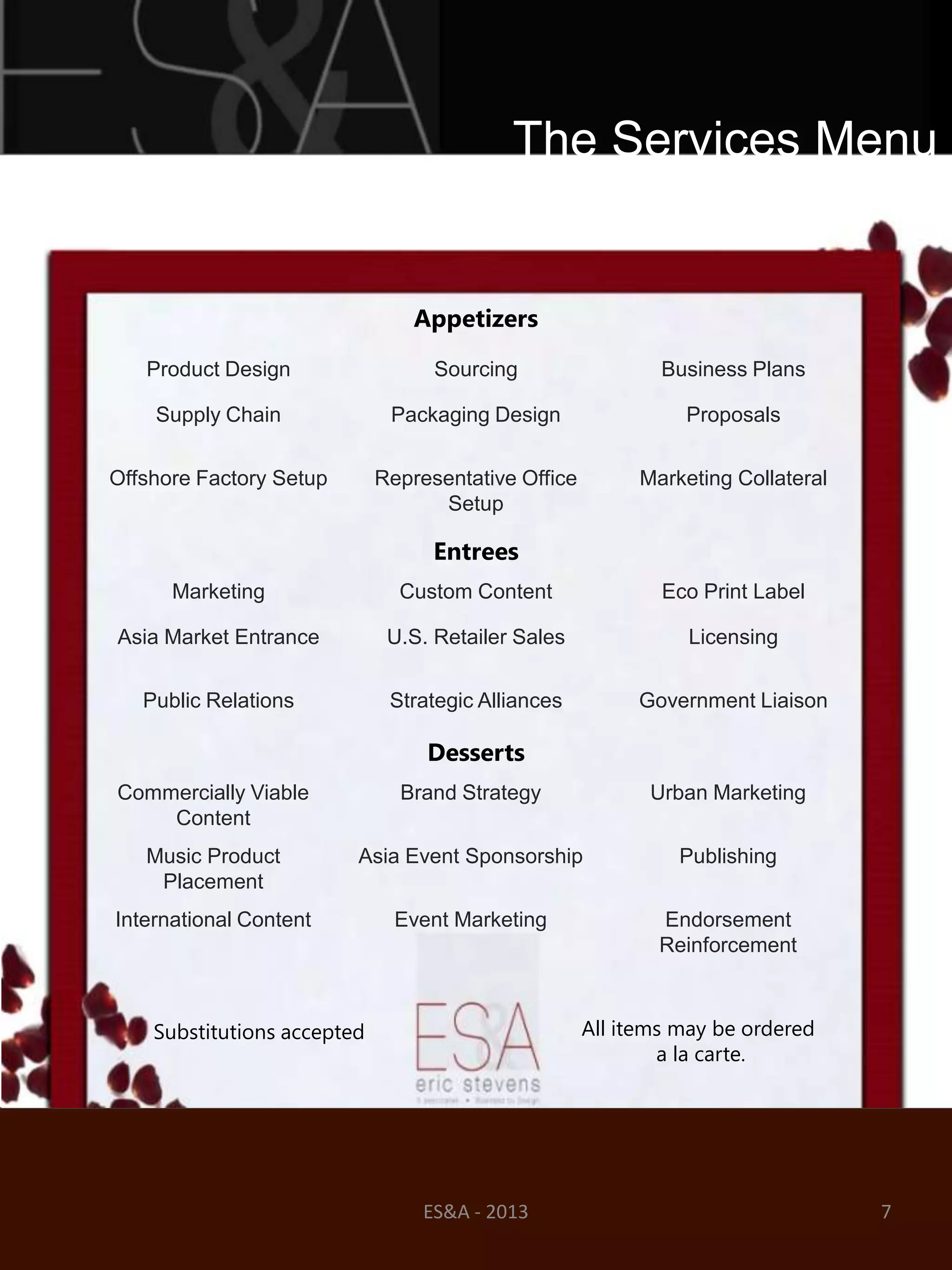 The Services Menu


                                 Appetizers
   Product Design                  Sourcing                  Business Plans

    Supply Chain              Packaging Design                 Proposals


Offshore Factory Setup       Representative Office        Marketing Collateral
                                   Setup

                                   Entrees
      Marketing                Custom Content                Eco Print Label

Asia Market Entrance          U.S. Retailer Sales               Licensing


   Public Relations           Strategic Alliances         Government Liaison

                                  Desserts
Commercially Viable            Brand Strategy               Urban Marketing
    Content
   Music Product         Asia Event Sponsorship                Publishing
    Placement
International Content          Event Marketing              Endorsement
                                                            Reinforcement



    Substitutions accepted                           All items may be ordered
                                                             a la carte.




                                  ES&A - 2013                                    7
 