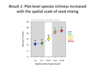 1 m
5 m
100 m
5 km
10 km
1 m
Result 1: Plot-level species richness increased
with the spatial scale of seed mixing
lmer(species richness ~ treatment + (1|site))
 