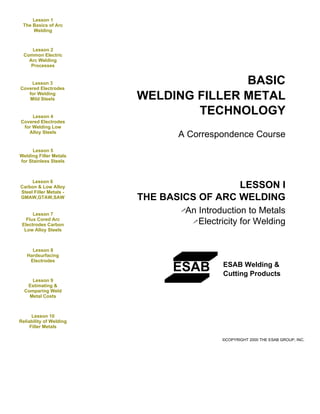 BASIC
WELDING FILLER METAL
TECHNOLOGY
A Correspondence Course
LESSON I
THE BASICS OF ARC WELDING
©COPYRIGHT 2000 THE ESAB GROUP, INC.
ESAB ESAB Welding &
Cutting Products
An Introduction to Metals
Electricity for Welding
Lesson 1
The Basics of Arc
Welding
Lesson 2
Common Electric
Arc Welding
Processes
Lesson 3
Covered Electrodes
for Welding
Mild Steels
Lesson 4
Covered Electrodes
for Welding Low
Alloy Steels
Lesson 5
Welding Filler Metals
for Stainless Steels
Lesson 6
Carbon & Low Alloy
Steel Filler Metals -
GMAW,GTAW,SAW
Lesson 7
Flux Cored Arc
Electrodes Carbon
Low Alloy Steels
Lesson 8
Hardsurfacing
Electrodes
Lesson 9
Estimating &
Comparing Weld
Metal Costs
Lesson 10
Reliability of Welding
Filler Metals
 