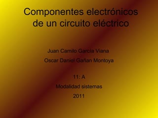 Componentes electrónicos de un circuito eléctrico Juan Camilo García Viana  Oscar Daniel Gañan Montoya 11: A Modalidad sistemas 2011 