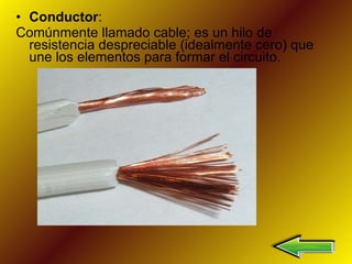 Conductor :  Comúnmente llamado cable; es un hilo de resistencia despreciable (idealmente cero) que une los elementos para formar el circuito. 