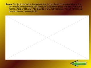 Rama : Conjunto de todos los elementos de un circuito comprendidos entre dos nodos consecutivos. En la figura 1 se hallan siete ramales: AB por la fuente, AB por R1, AD, AE, BD, BE y DE. Obviamente, por un ramal sólo puede circular una corriente. 