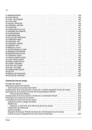 Índice
10
21 MARCHA/PARO . . . . . . . . . . . . . . . . . . . . . . . . . . . . . . . . . . . . . . . . . . . . . . . . . . . . . . . . . . . 138
22 ACEL/DECEL . . . . . . . . . . . . . . . . . . . . . . . . . . . . . . . . . . . . . . . . . . . . . . . . . . . . . . . . . . . . . 142
23 CTRL VELOCIDAD . . . . . . . . . . . . . . . . . . . . . . . . . . . . . . . . . . . . . . . . . . . . . . . . . . . . . . . . . 145
24 CTRL PAR . . . . . . . . . . . . . . . . . . . . . . . . . . . . . . . . . . . . . . . . . . . . . . . . . . . . . . . . . . . . . . . . 147
25 VELOC CRITICAS . . . . . . . . . . . . . . . . . . . . . . . . . . . . . . . . . . . . . . . . . . . . . . . . . . . . . . . . . 148
26 CONTROL MOTOR . . . . . . . . . . . . . . . . . . . . . . . . . . . . . . . . . . . . . . . . . . . . . . . . . . . . . . . . 148
27 CHOPPER . . . . . . . . . . . . . . . . . . . . . . . . . . . . . . . . . . . . . . . . . . . . . . . . . . . . . . . . . . . . . . . . 151
30 FUNCIONES FALLOS . . . . . . . . . . . . . . . . . . . . . . . . . . . . . . . . . . . . . . . . . . . . . . . . . . . . . . 152
31 REARME AUTOMATIC . . . . . . . . . . . . . . . . . . . . . . . . . . . . . . . . . . . . . . . . . . . . . . . . . . . . . . 159
32 SUPERVISION . . . . . . . . . . . . . . . . . . . . . . . . . . . . . . . . . . . . . . . . . . . . . . . . . . . . . . . . . . . . 160
33 INFORMACION . . . . . . . . . . . . . . . . . . . . . . . . . . . . . . . . . . . . . . . . . . . . . . . . . . . . . . . . . . . . 162
34 VELOC DE PROCESO . . . . . . . . . . . . . . . . . . . . . . . . . . . . . . . . . . . . . . . . . . . . . . . . . . . . . . 163
35 TEMP MOT MED . . . . . . . . . . . . . . . . . . . . . . . . . . . . . . . . . . . . . . . . . . . . . . . . . . . . . . . . . . 165
40 CONTROL PID . . . . . . . . . . . . . . . . . . . . . . . . . . . . . . . . . . . . . . . . . . . . . . . . . . . . . . . . . . . . 167
42 CONTROL FRENO . . . . . . . . . . . . . . . . . . . . . . . . . . . . . . . . . . . . . . . . . . . . . . . . . . . . . . . . . 173
45 ENERGY OPT . . . . . . . . . . . . . . . . . . . . . . . . . . . . . . . . . . . . . . . . . . . . . . . . . . . . . . . . . . . . . 175
50 MODULO TACO . . . . . . . . . . . . . . . . . . . . . . . . . . . . . . . . . . . . . . . . . . . . . . . . . . . . . . . . . . . 175
51 DATOS MODULO COM . . . . . . . . . . . . . . . . . . . . . . . . . . . . . . . . . . . . . . . . . . . . . . . . . . . . . 176
52 MODBUS ESTANDAR . . . . . . . . . . . . . . . . . . . . . . . . . . . . . . . . . . . . . . . . . . . . . . . . . . . . . . 176
60 MAESTRO/ESCLAVO . . . . . . . . . . . . . . . . . . . . . . . . . . . . . . . . . . . . . . . . . . . . . . . . . . . . . . . 177
70 CONTROL DDCS . . . . . . . . . . . . . . . . . . . . . . . . . . . . . . . . . . . . . . . . . . . . . . . . . . . . . . . . . . 179
72 CURVA CARGA USUA . . . . . . . . . . . . . . . . . . . . . . . . . . . . . . . . . . . . . . . . . . . . . . . . . . . . . . 180
83 CTRL PROG ADAPT . . . . . . . . . . . . . . . . . . . . . . . . . . . . . . . . . . . . . . . . . . . . . . . . . . . . . . . 182
84 PROG ADAPTATIVO . . . . . . . . . . . . . . . . . . . . . . . . . . . . . . . . . . . . . . . . . . . . . . . . . . . . . . . 184
85 CONST USUARIO . . . . . . . . . . . . . . . . . . . . . . . . . . . . . . . . . . . . . . . . . . . . . . . . . . . . . . . . . 185
90 D SET REC ADDR . . . . . . . . . . . . . . . . . . . . . . . . . . . . . . . . . . . . . . . . . . . . . . . . . . . . . . . . . 186
92 D SET TR ADDR . . . . . . . . . . . . . . . . . . . . . . . . . . . . . . . . . . . . . . . . . . . . . . . . . . . . . . . . . . . 187
95 HARDWARE SPECIF . . . . . . . . . . . . . . . . . . . . . . . . . . . . . . . . . . . . . . . . . . . . . . . . . . . . . . . 188
96 SA EXT . . . . . . . . . . . . . . . . . . . . . . . . . . . . . . . . . . . . . . . . . . . . . . . . . . . . . . . . . . . . . . . . . . 191
98 MODULOS OPCIONAL . . . . . . . . . . . . . . . . . . . . . . . . . . . . . . . . . . . . . . . . . . . . . . . . . . . . . . 193
99 DATOS DE PARTIDA . . . . . . . . . . . . . . . . . . . . . . . . . . . . . . . . . . . . . . . . . . . . . . . . . . . . . . . 200
Control por bus de campo
Sinopsis del capítulo . . . . . . . . . . . . . . . . . . . . . . . . . . . . . . . . . . . . . . . . . . . . . . . . . . . . . . . . . . 205
Descripción general del sistema . . . . . . . . . . . . . . . . . . . . . . . . . . . . . . . . . . . . . . . . . . . . . . . . . 205
Control por bus de campo redundante . . . . . . . . . . . . . . . . . . . . . . . . . . . . . . . . . . . . . . . . . . 207
Configuración de la comunicación a través de un módulo adaptador de bus de campo . . . . . . . 208
Ajuste para la comunicación a través del Enlace Modbus Estándar . . . . . . . . . . . . . . . . . . . . . . 210
Direccionamiento Modbus . . . . . . . . . . . . . . . . . . . . . . . . . . . . . . . . . . . . . . . . . . . . . . . . . . 211
Configuración de la comunicación a través de un controlador Advant . . . . . . . . . . . . . . . . . . . . 212
Parámetros de control del convertidor . . . . . . . . . . . . . . . . . . . . . . . . . . . . . . . . . . . . . . . . . . . . . 214
La interfase de control por bus de campo . . . . . . . . . . . . . . . . . . . . . . . . . . . . . . . . . . . . . . . . . . 217
Código de control y código de estado . . . . . . . . . . . . . . . . . . . . . . . . . . . . . . . . . . . . . . . . . . . 218
Referencias . . . . . . . . . . . . . . . . . . . . . . . . . . . . . . . . . . . . . . . . . . . . . . . . . . . . . . . . . . . . . . . 219
Selección y corrección de la referencia de bus de campo . . . . . . . . . . . . . . . . . . . . . . . . . 219
Tratamiento de referencias . . . . . . . . . . . . . . . . . . . . . . . . . . . . . . . . . . . . . . . . . . . . . . . . . . . 220
Valores actuales . . . . . . . . . . . . . . . . . . . . . . . . . . . . . . . . . . . . . . . . . . . . . . . . . . . . . . . . . . . 221
Diagrama de bloques: Entrada de datos de control desde el bus de campo
cuando se usa un adaptador de bus de campo de tipo Rxxx . . . . . . . . . . . . . . . . . . . . . . . . . 222
 