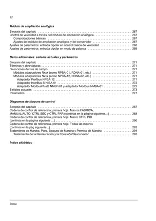 Índice
12
Módulo de ampliación analógica
Sinopsis del capítulo . . . . . . . . . . . . . . . . . . . . . . . . . . . . . . . . . . . . . . . . . . . . . . . . . . . . . . . . . . 267
Control de velocidad a través del módulo de ampliación analógica . . . . . . . . . . . . . . . . . . . . . . . 267
Comprobaciones básicas . . . . . . . . . . . . . . . . . . . . . . . . . . . . . . . . . . . . . . . . . . . . . . . . . . . . 267
Ajustes del módulo de ampliación analógica y del convertidor . . . . . . . . . . . . . . . . . . . . . . . . 267
Ajustes de parámetros: entrada bipolar en control básico de velocidad . . . . . . . . . . . . . . . . . . . 268
Ajustes de parámetros: entrada bipolar en modo de palanca . . . . . . . . . . . . . . . . . . . . . . . . . . . 269
Datos adicionales: señales actuales y parámetros
Sinopsis del capítulo . . . . . . . . . . . . . . . . . . . . . . . . . . . . . . . . . . . . . . . . . . . . . . . . . . . . . . . . . . 271
Términos y abreviaturas . . . . . . . . . . . . . . . . . . . . . . . . . . . . . . . . . . . . . . . . . . . . . . . . . . . . . . . . 271
Direcciones de bus de campo . . . . . . . . . . . . . . . . . . . . . . . . . . . . . . . . . . . . . . . . . . . . . . . . . . . 271
Módulos adaptadores Rxxx (como RPBA-01, RDNA-01, etc.) . . . . . . . . . . . . . . . . . . . . . . . . 271
Módulos adaptadores Nxxx (como NPBA-12, NDNA-02, etc.) . . . . . . . . . . . . . . . . . . . . . . . . 271
Adaptador Profibus NPBA-12 . . . . . . . . . . . . . . . . . . . . . . . . . . . . . . . . . . . . . . . . . . . . . . . 271
Adaptador InterBus-S NIBA-01 . . . . . . . . . . . . . . . . . . . . . . . . . . . . . . . . . . . . . . . . . . . . . . 272
Adaptador ModbusPlus® NMBP-01 y adaptador Modbus NMBA-01 . . . . . . . . . . . . . . . . . 272
Señales actuales . . . . . . . . . . . . . . . . . . . . . . . . . . . . . . . . . . . . . . . . . . . . . . . . . . . . . . . . . . . . . 273
Parámetros . . . . . . . . . . . . . . . . . . . . . . . . . . . . . . . . . . . . . . . . . . . . . . . . . . . . . . . . . . . . . . . . . . 277
Diagramas de bloques de control
Sinopsis del capítulo . . . . . . . . . . . . . . . . . . . . . . . . . . . . . . . . . . . . . . . . . . . . . . . . . . . . . . . . . . 287
Cadena de control de referencia, primera hoja: Macros FÁBRICA,
MANUAL/AUTO, CTRL SEC y CTRL PAR (continúa en la página siguiente…) . . . . . . . . . . . . . 288
Cadena de control de referencia, primera hoja: Macro CTRL PID
(continúa en la página siguiente …) . . . . . . . . . . . . . . . . . . . . . . . . . . . . . . . . . . . . . . . . . . . . . . . 290
Cadena de control de referencia, primera hoja: Todas las macros
(continúa en la pág.siguiente...) . . . . . . . . . . . . . . . . . . . . . . . . . . . . . . . . . . . . . . . . . . . . . . . . . . 292
Tratamiento de Marcha, Paro, Bloqueo de Marcha y Permiso de Marcha . . . . . . . . . . . . . . . . . 294
Tratamiento de la Restauración y la Conexión/Desconexión . . . . . . . . . . . . . . . . . . . . . . . . . 295
Índice alfabético
 